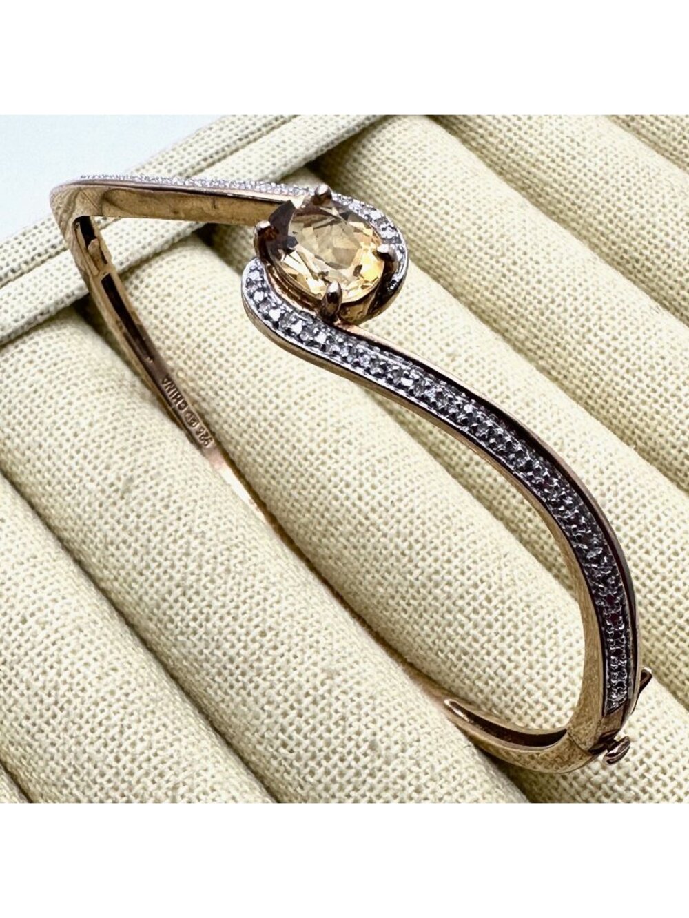 DL Signed Sterling Silver Citrine Diamond Gold Plated Hinged Bangle Bracelet